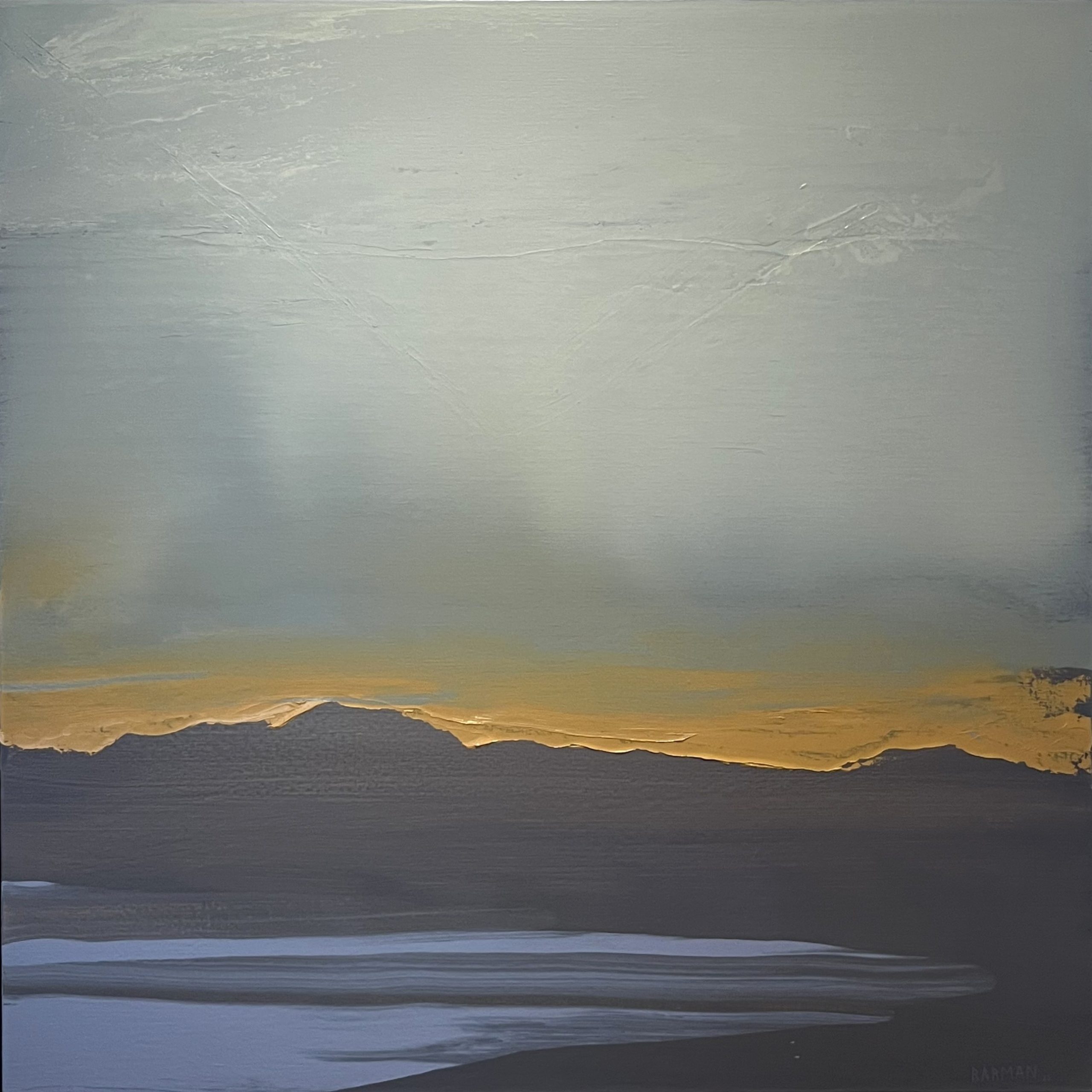 Lac et montagnes, huile sur toile de lin, 100x100cm, 2025