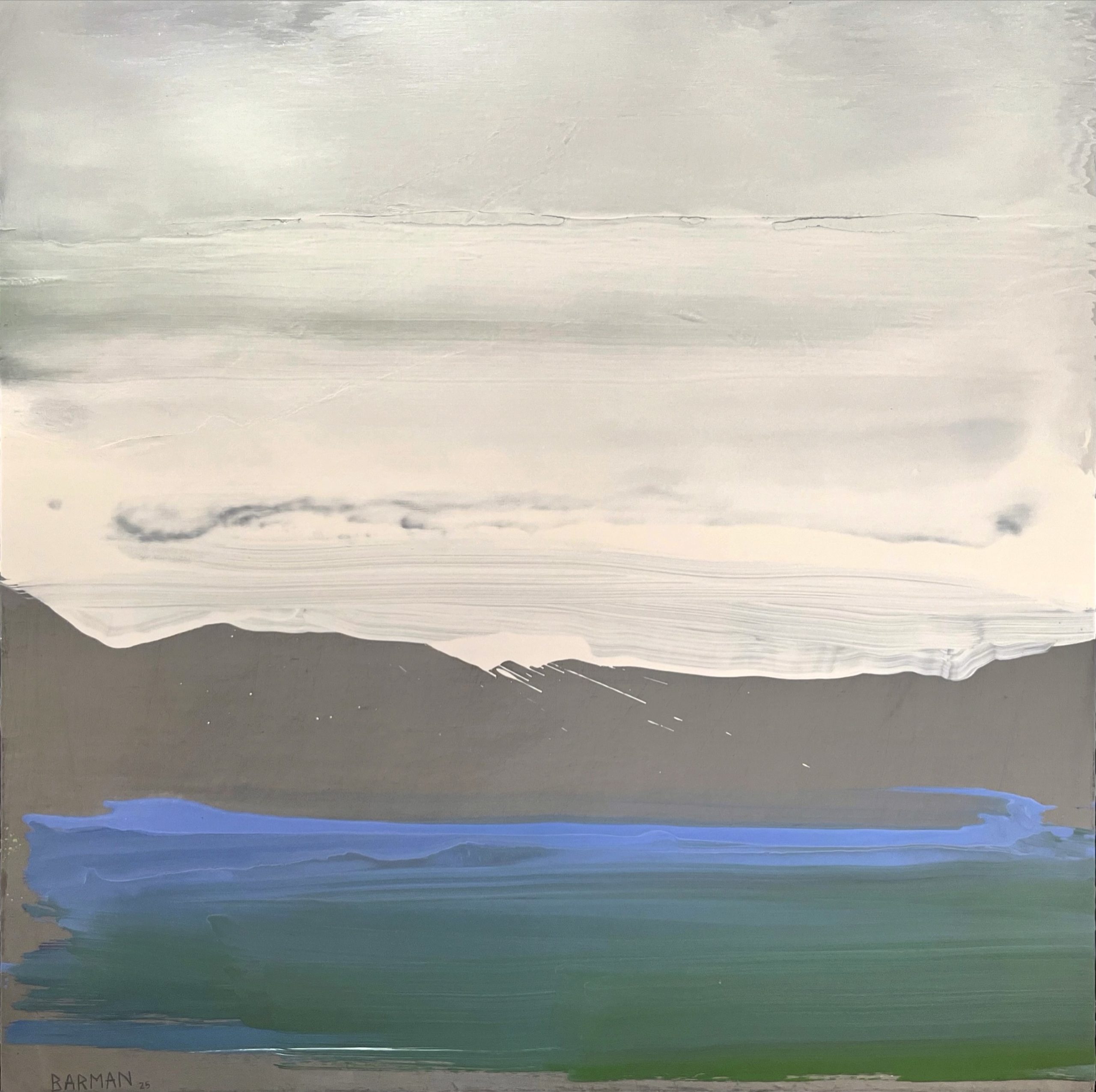 Lac vert et bleu, huile sur toile de lin, 100x100cm, 2025